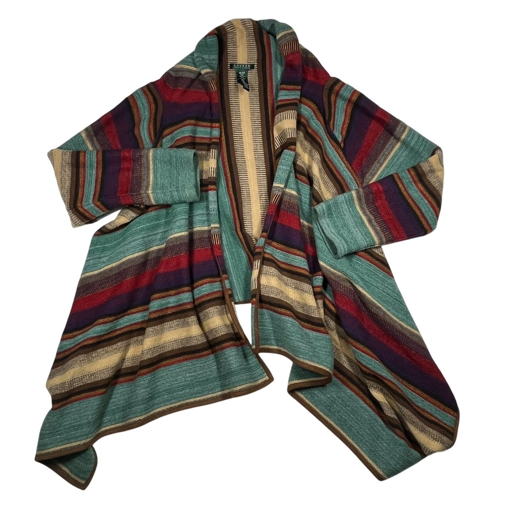 Lauren Ralph Lauren Cardigan Women One Size Multi-Color Striped Wool Linen Boho